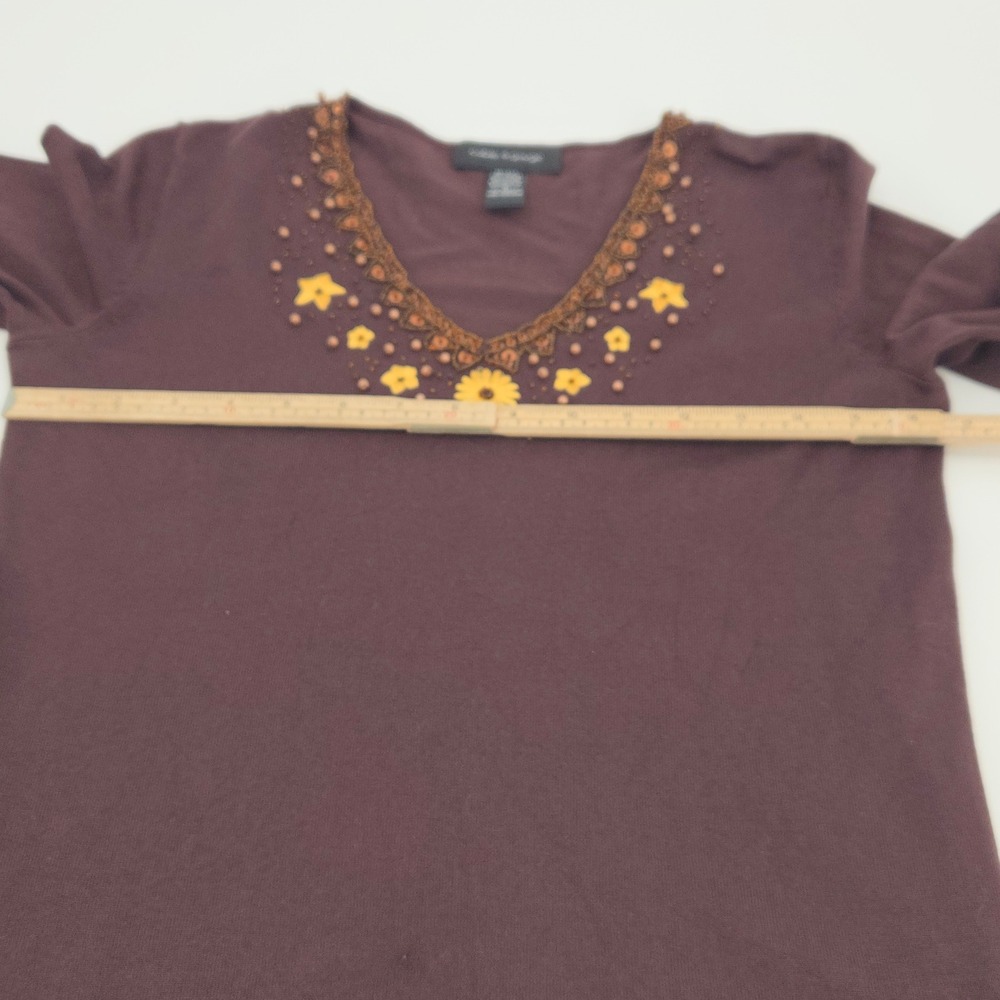 Cable & Gauge Sweater Women Small Brown Silk Blend Beaded Floral Cottagecore - Picture 7 of 9